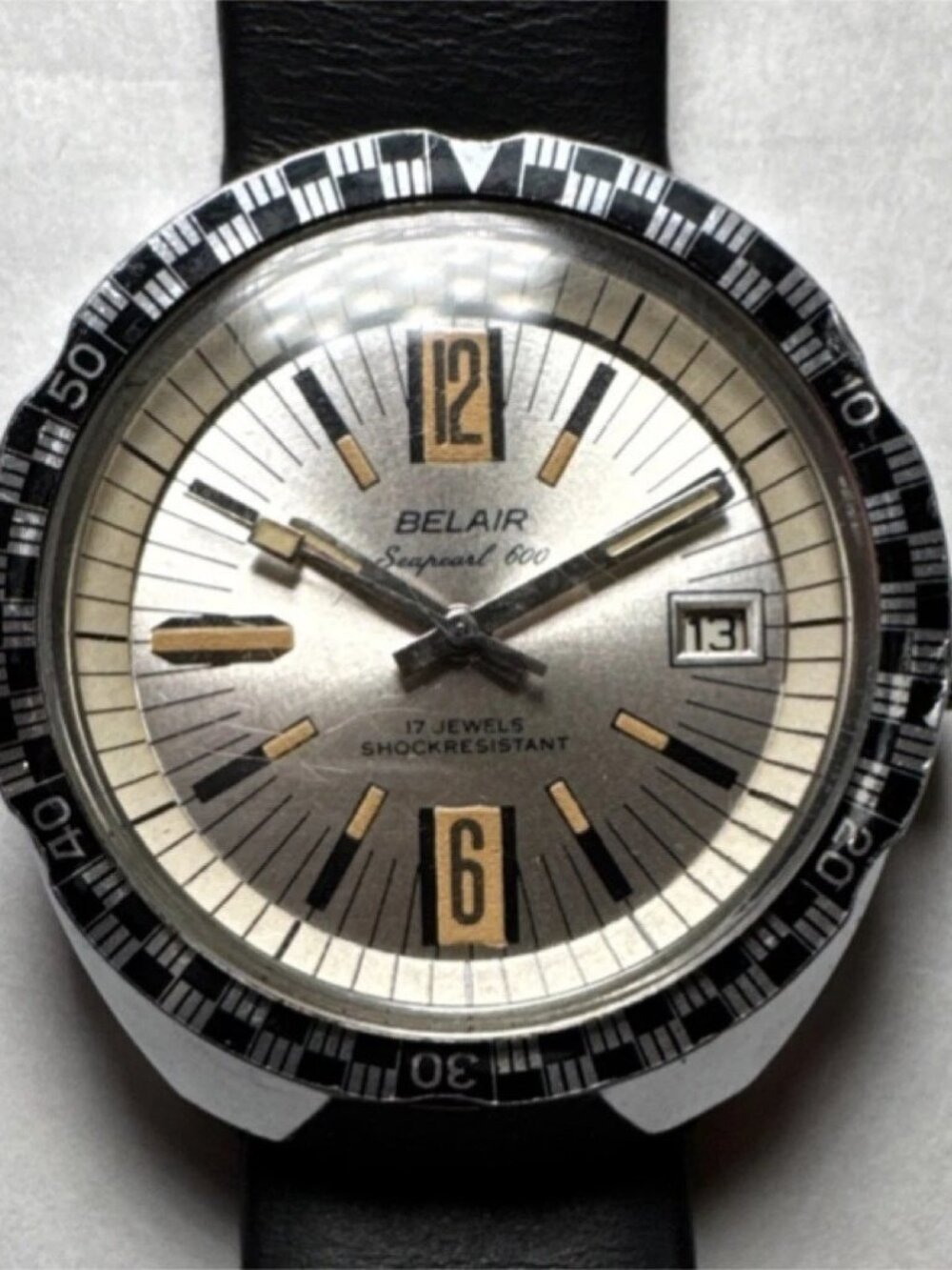 Belair Seapearl 600 Mechanical Diver Wristwatch Silver Dial Black Leather